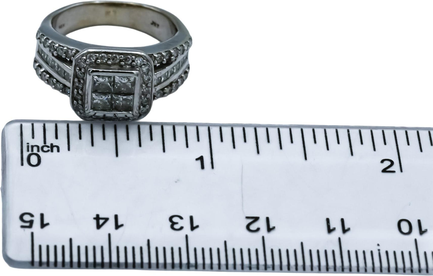 14k White Gold Princess & Round Diamond Cocktail Ring 1.25CT Size 6