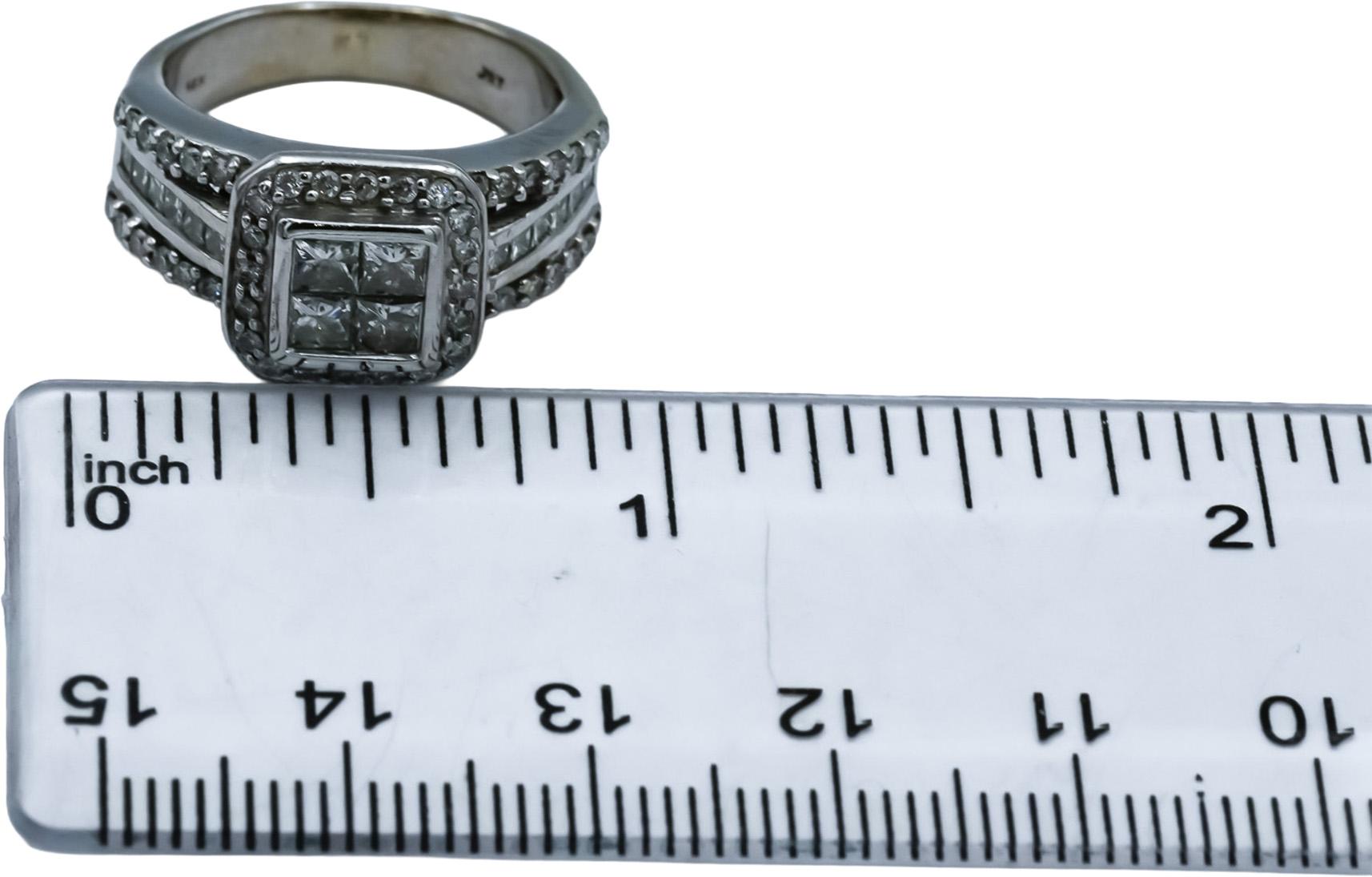 14k White Gold Princess & Round Diamond Cocktail Ring 1.25CT Size 6