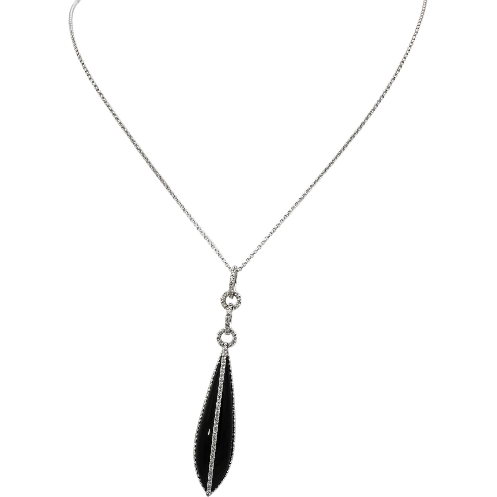 14k White Gold Diamond and Onyx Pendant Necklace 0.15CT