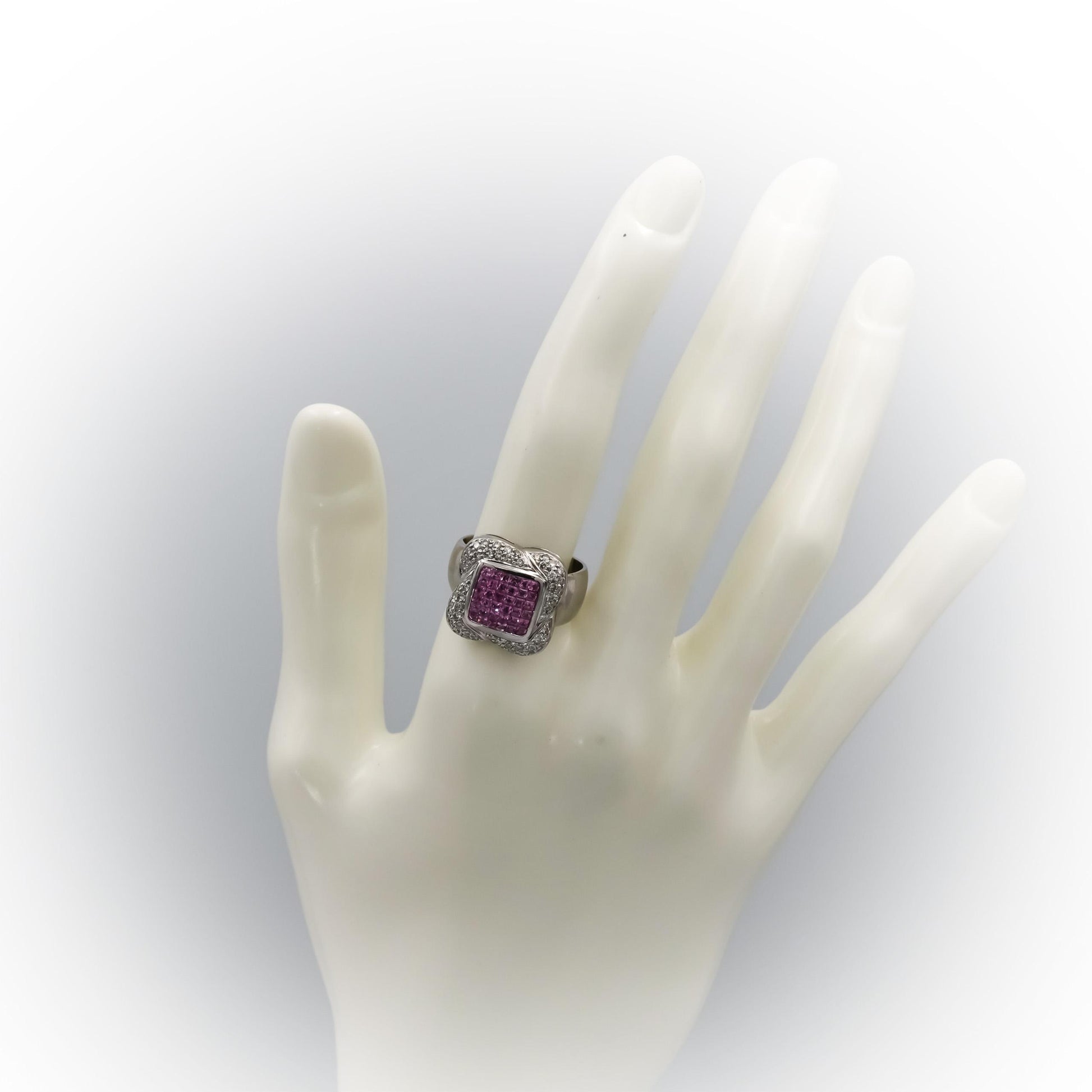 14k White Gold Diamond and Pink Sapphire Cluster Cocktail Ring 1.50CT Size 7.75
