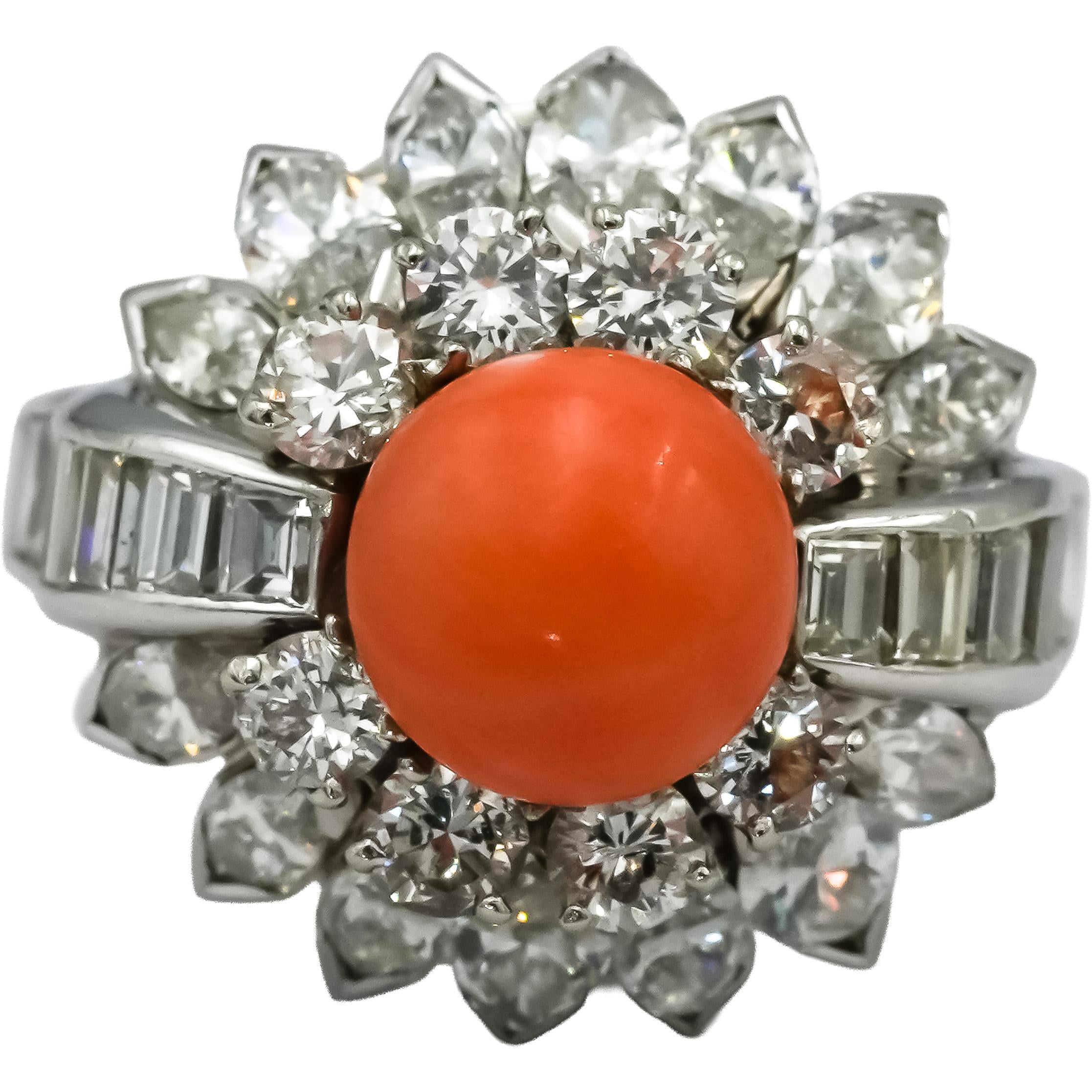 Vintage Antique Platinum Diamond & Angel Skin Coral Floral Cocktail Ring 5.0CT