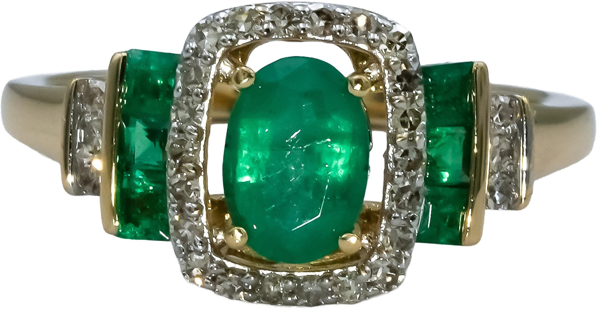 14k Yellow Gold Diamond and Emerald Cocktail Ring 1.10CT Size 7.25