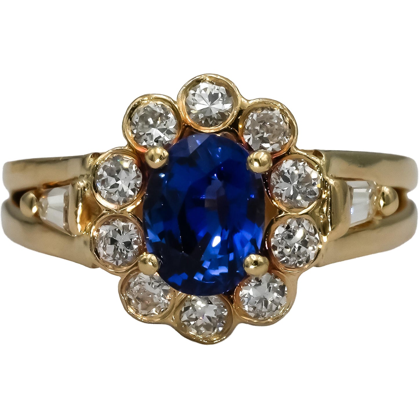 14k Yellow Gold VS Diamond and Blue Sapphire Flower Ring 2.10CT Size 8