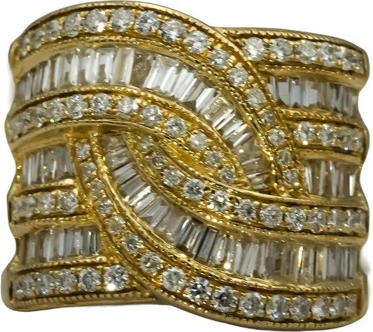 EFFY 14k Yellow Gold Round and Baguette Diamond Crossover Ring 1.85CT Size 7.25