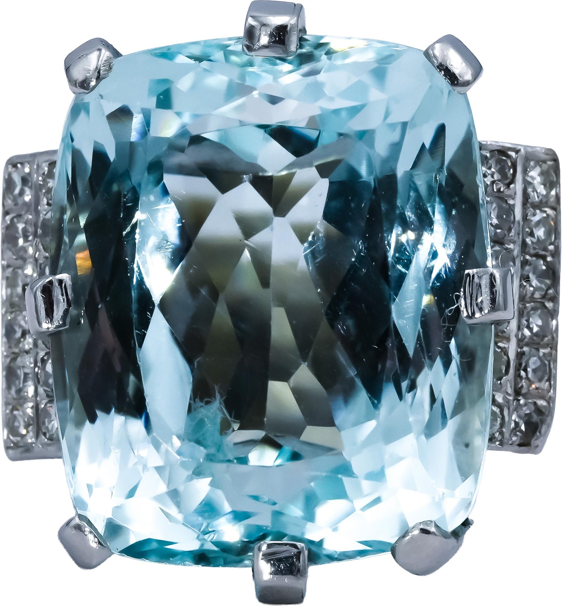 Retro Antique 12-14k White Gold Diamond and Aquamarine Ring 35.52CT Size 9