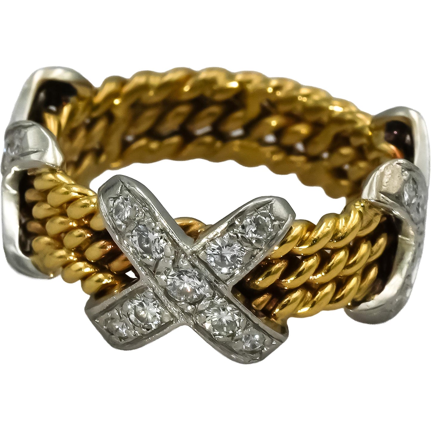 18k Gold & Platinum VS Round Diamond "X" Rope Design Ring 0.60CT Size 4