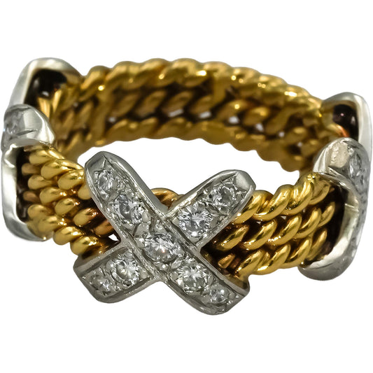 18k Gold & Platinum VS Round Diamond "X" Rope Design Ring 0.60CT Size 4