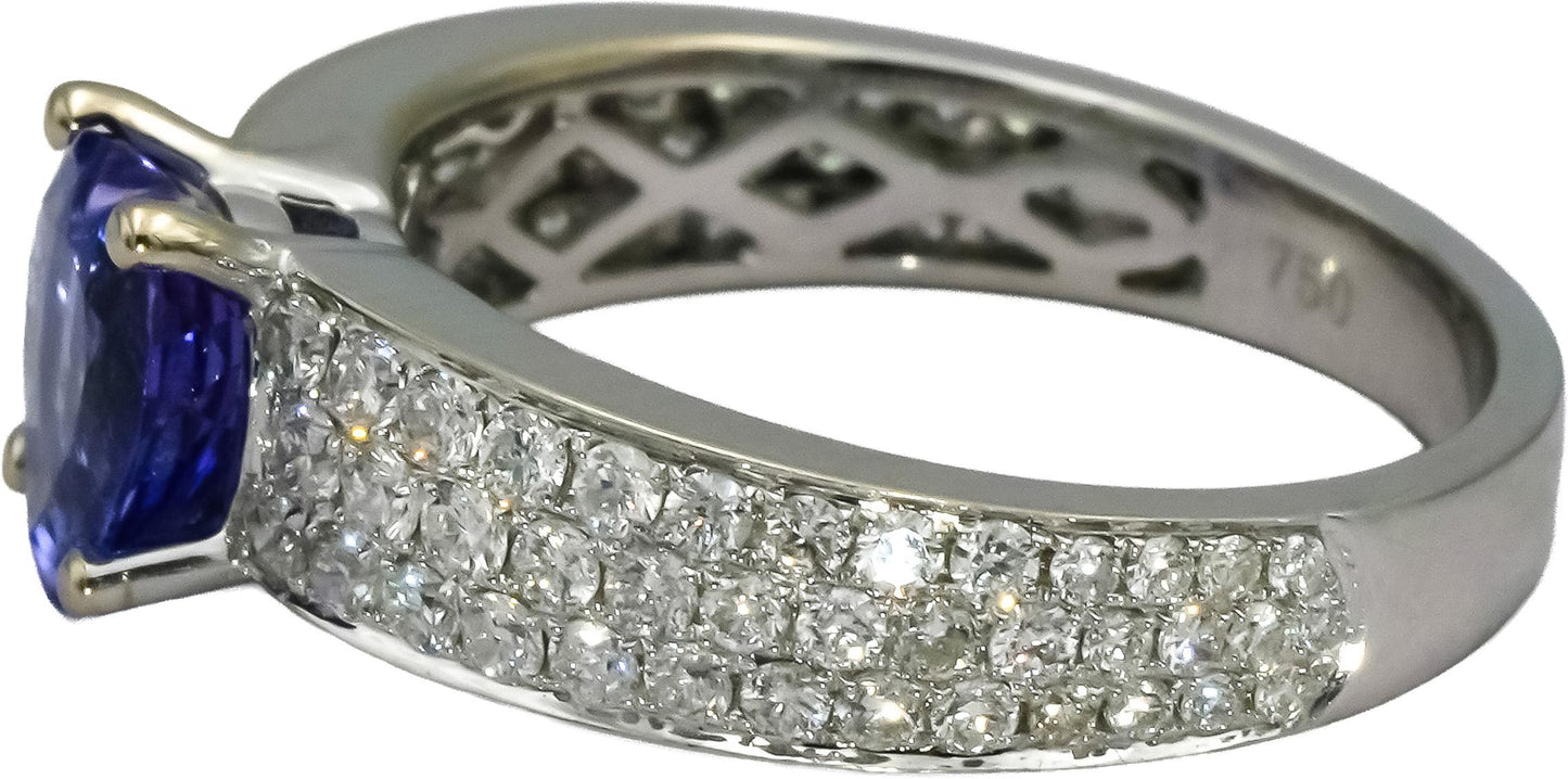 18k White Gold Round Diamond Heart Cut Tanzanite Cocktail Ring 2.28CT Size 6.75