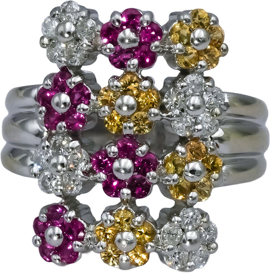 14k White Gold Diamond and Multicolor Gemstone Cluster Ring 0.40CT Size 7