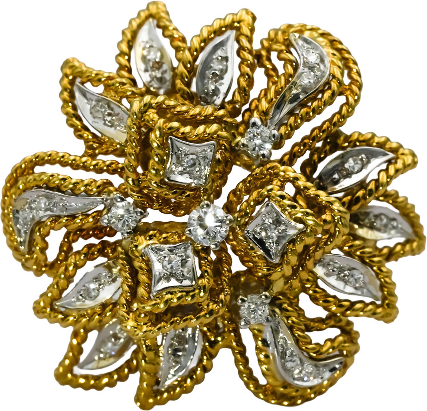 Vintage Retro 18k White and Yellow Gold VS Diamond Flower Clip-On Earrings .50CT