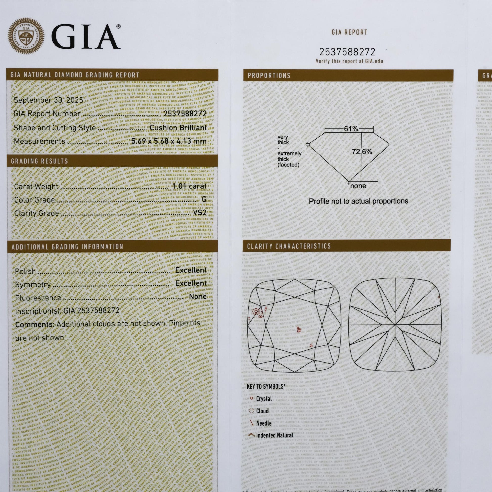 GIA Certified VS2/G Cushion Cut Natural Diamond Loose Stone 1.01CT