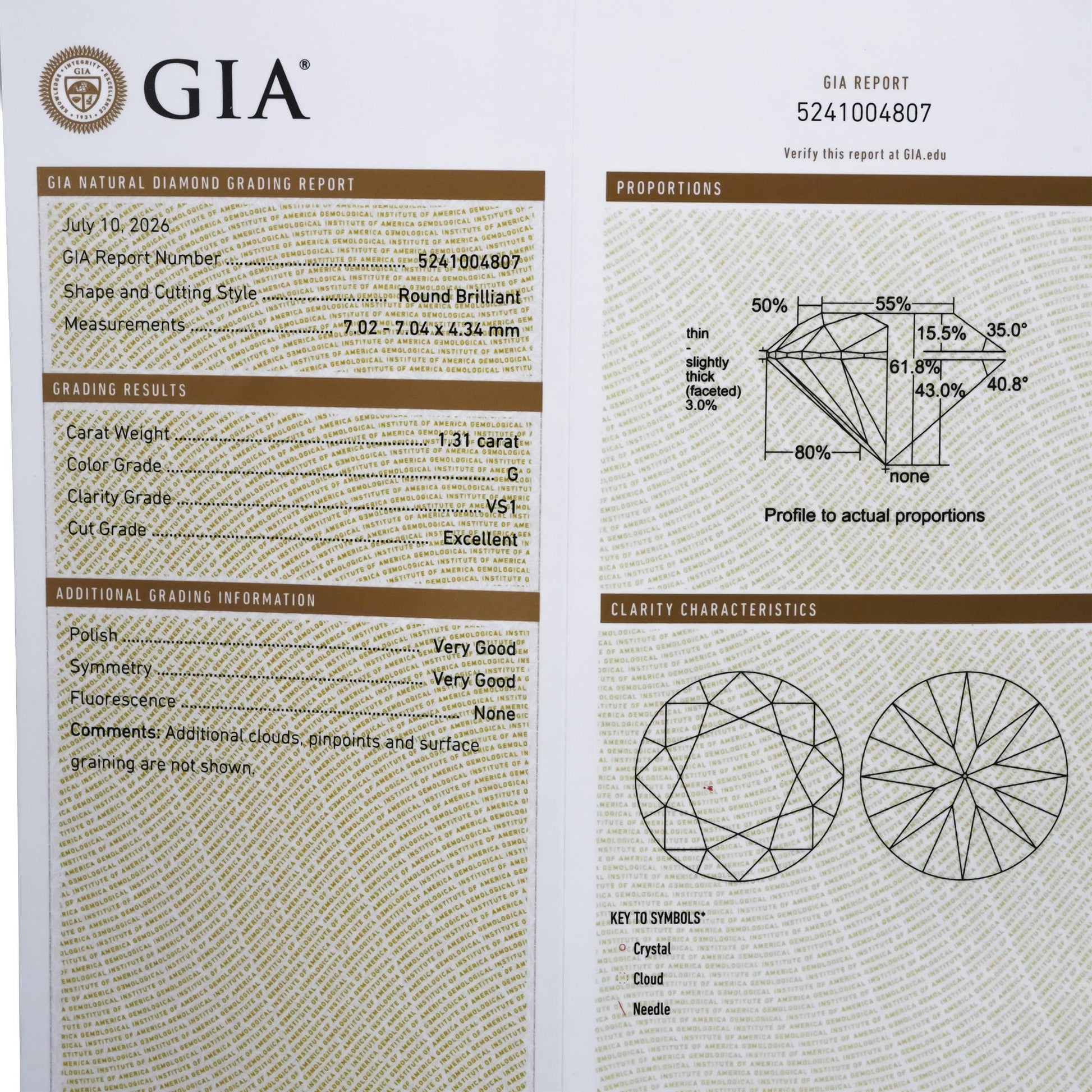 GIA Certified VS1/G Round Cut Natural Diamond Loose Stone 1.31CT