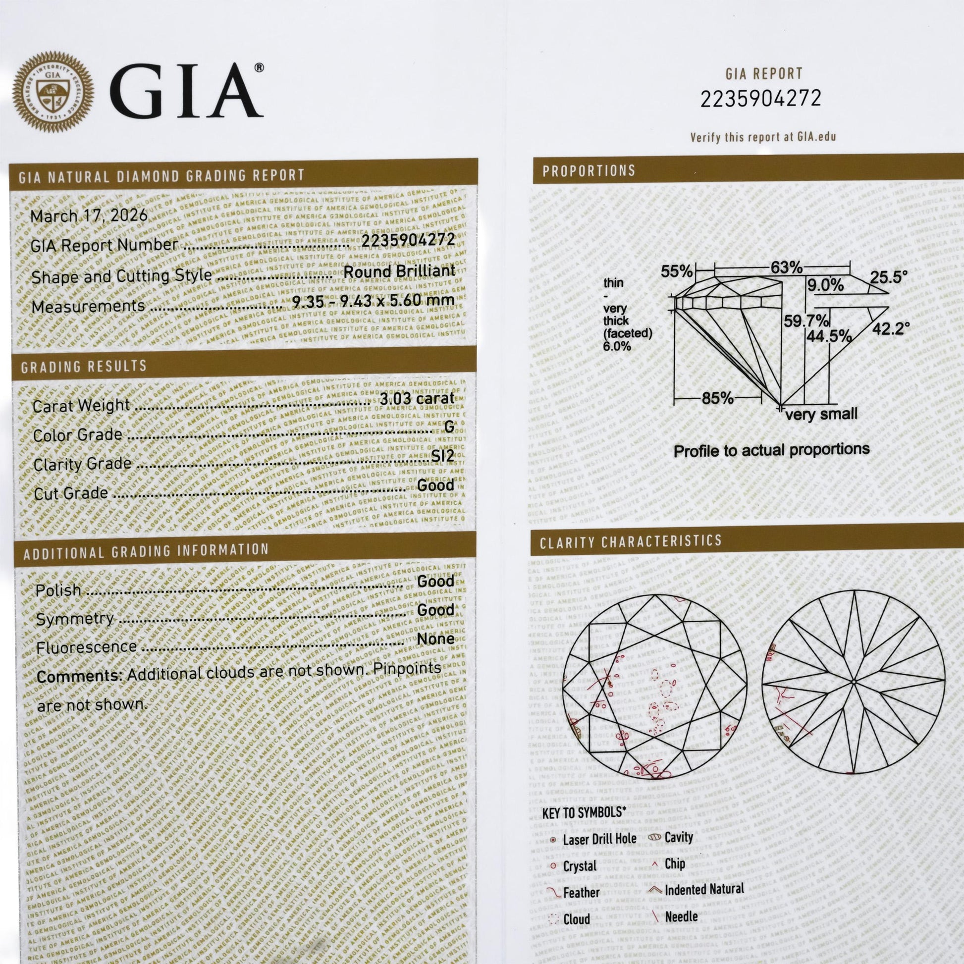 GIA Certified SI2/G Round Cut Natural Diamond Loose Stone 3.03CT