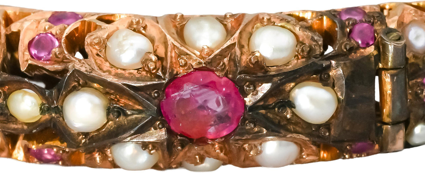 12-14k Gold and Sterling Silver Sapphire Ruby Pearl Bangle Bracelet 3.0CT