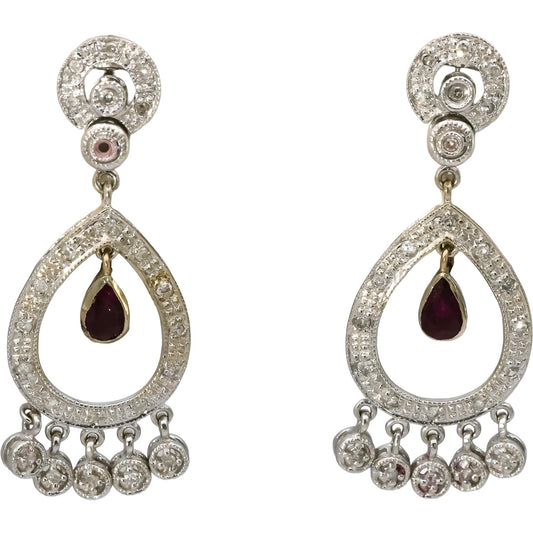14k White Gold Diamond and Ruby Dangle Drop Earrings 0.75CT