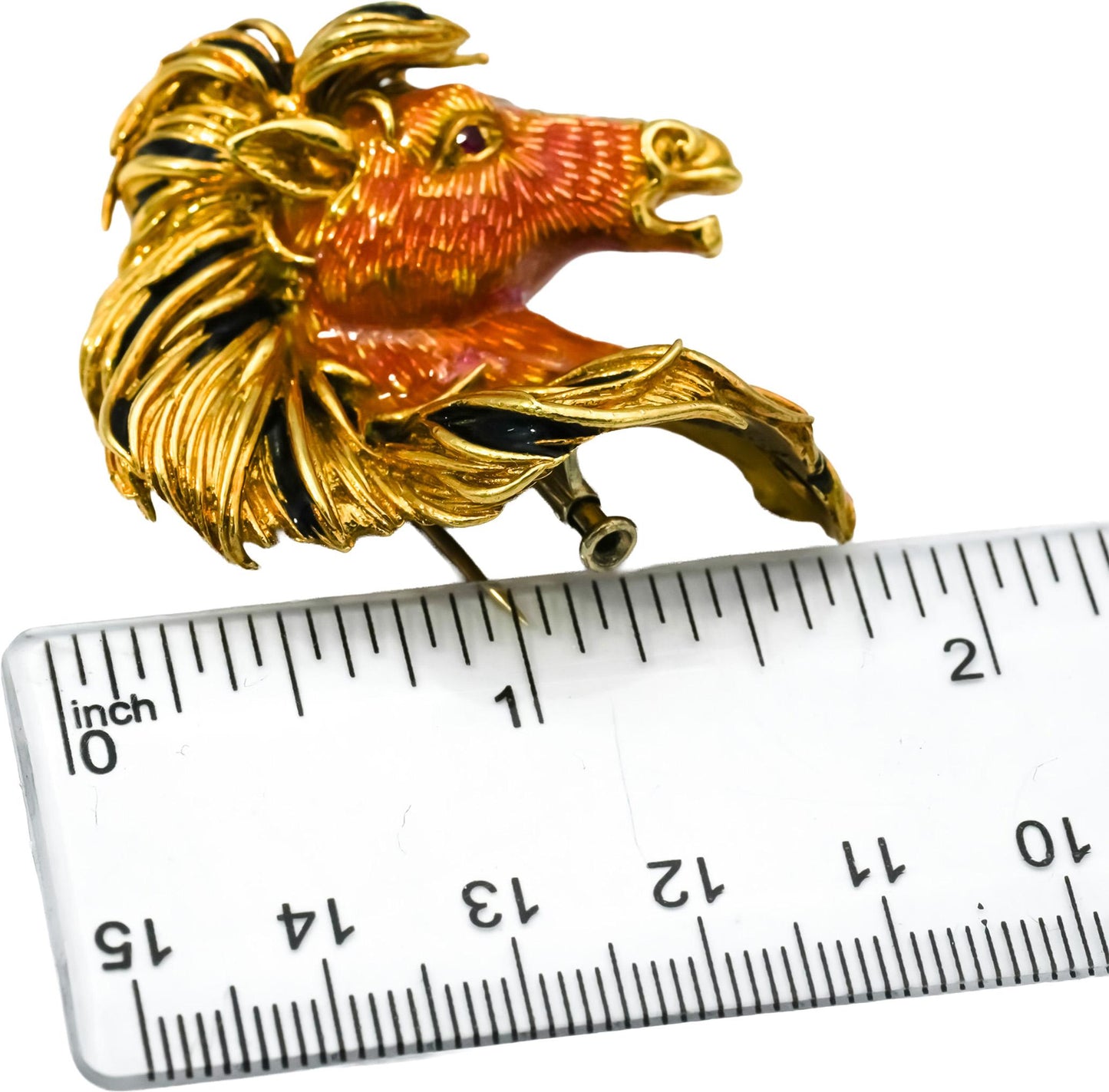 18k Yellow Gold VS Diamond and Enamel Horse Head Brooch Pin 0.10CT
