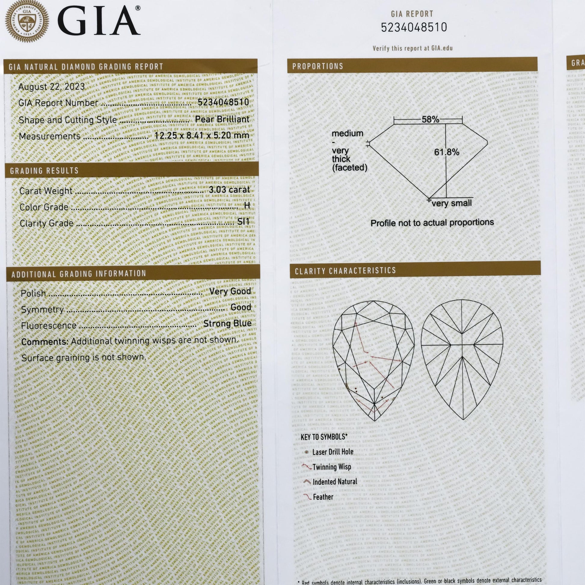 GIA 18k Two Tone Gold SI1/H Pear Cut Diamond Engagement Ring 3.03CT Size 6.25