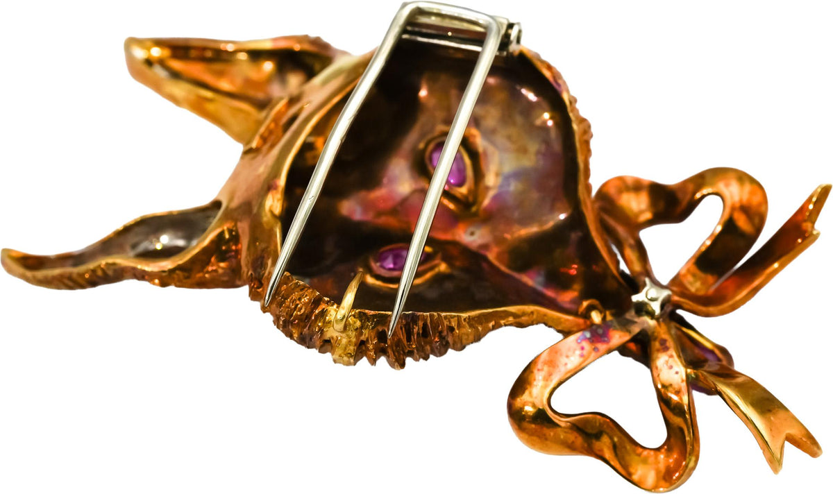 18k Yellow Gold Vintage Diamond Enamel Fox Brooch Pin 0.15CT w/ Ruby Eyes