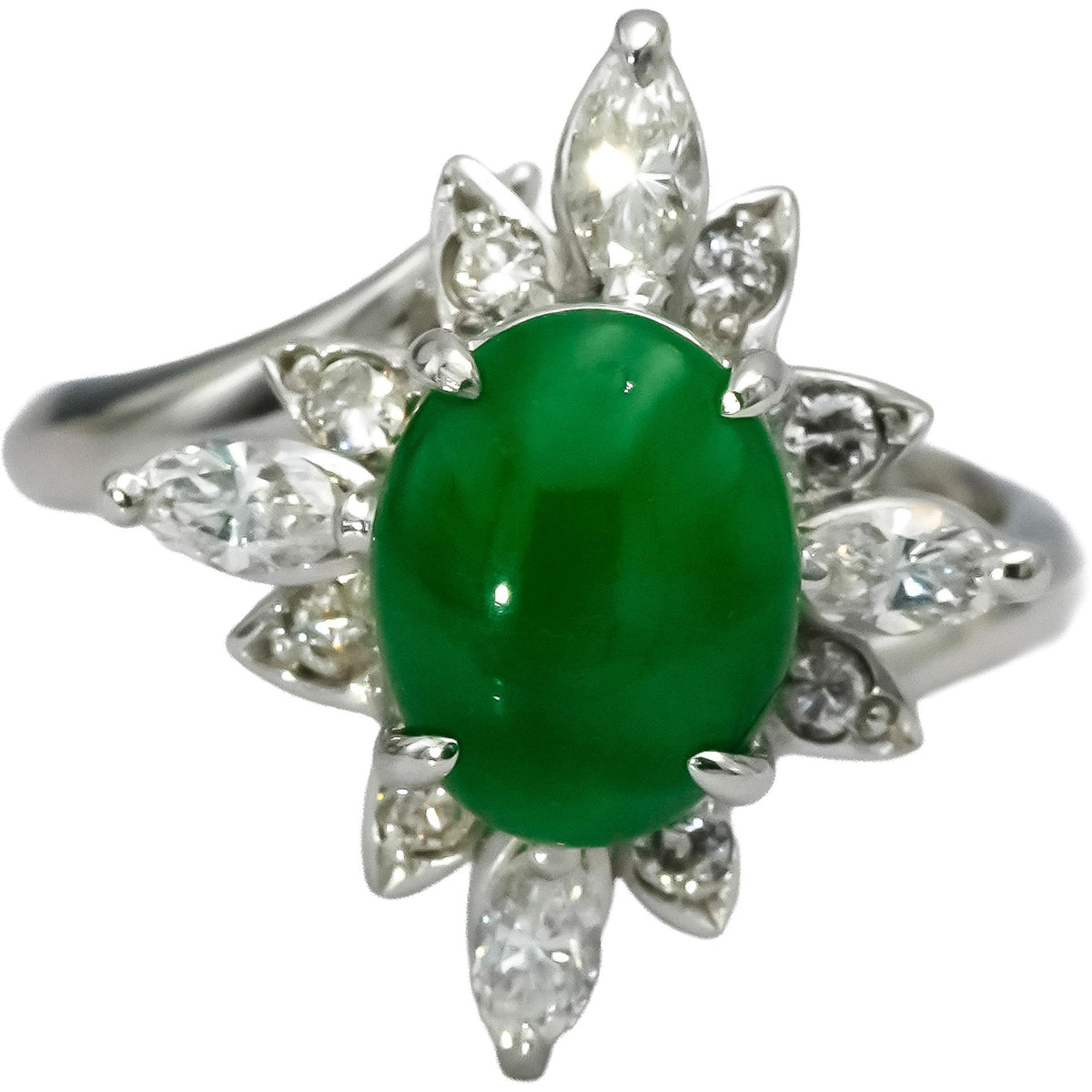 14k White Gold Diamond and Jade Cocktail Ring 0.50CT Size 4.25