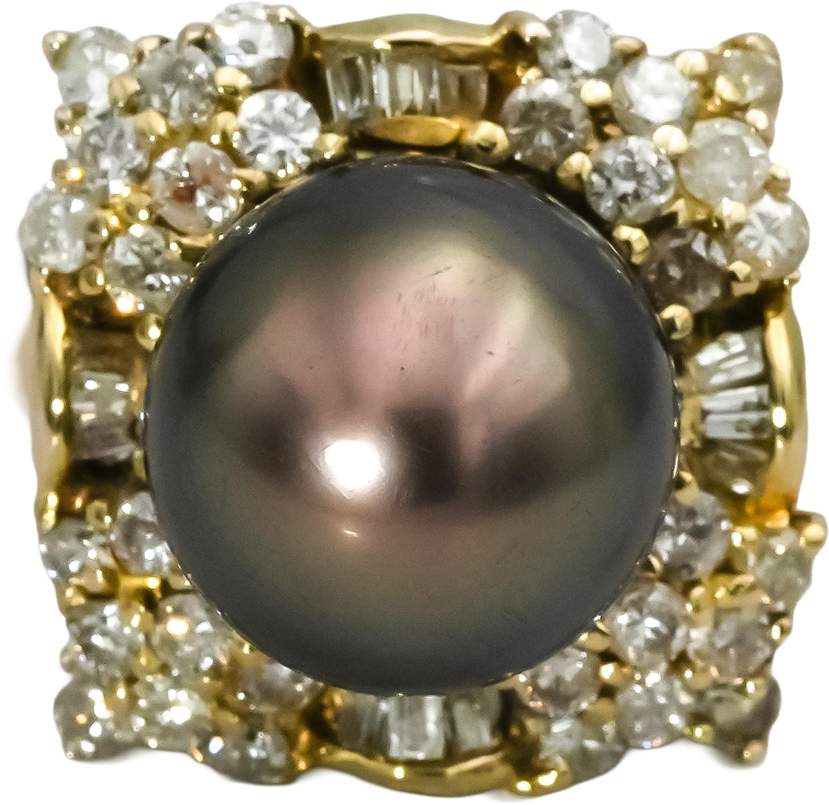 18k Yellow Gold Diamond and 11.5mm Black Tahitian Pearl Ring 1.25CT Size 6
