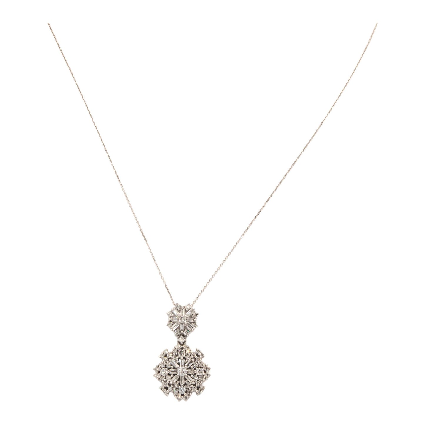 10K White Gold Round & Baguette Cluster Drop Dangle Pendant Necklace 1.0CT