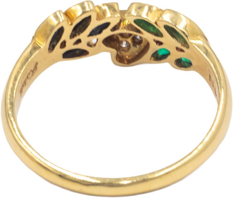KALATI 18k Gold 0.29CT Diamond Emerald Sapphire Floral Heart Band Ring Size 6.5