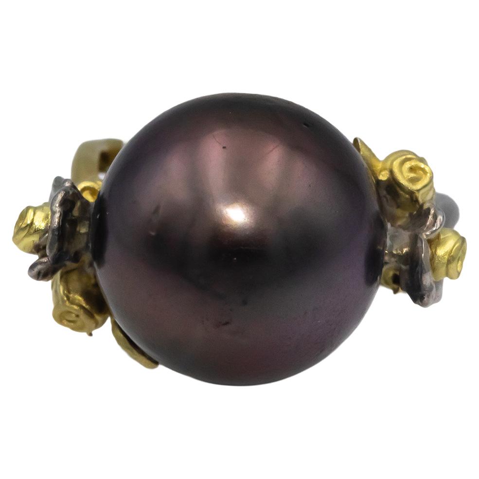 STAMBOLIAN 18k White Yellow Gold 0.03CT Diamond and 14.8mm Pearl Ring Size 4.75