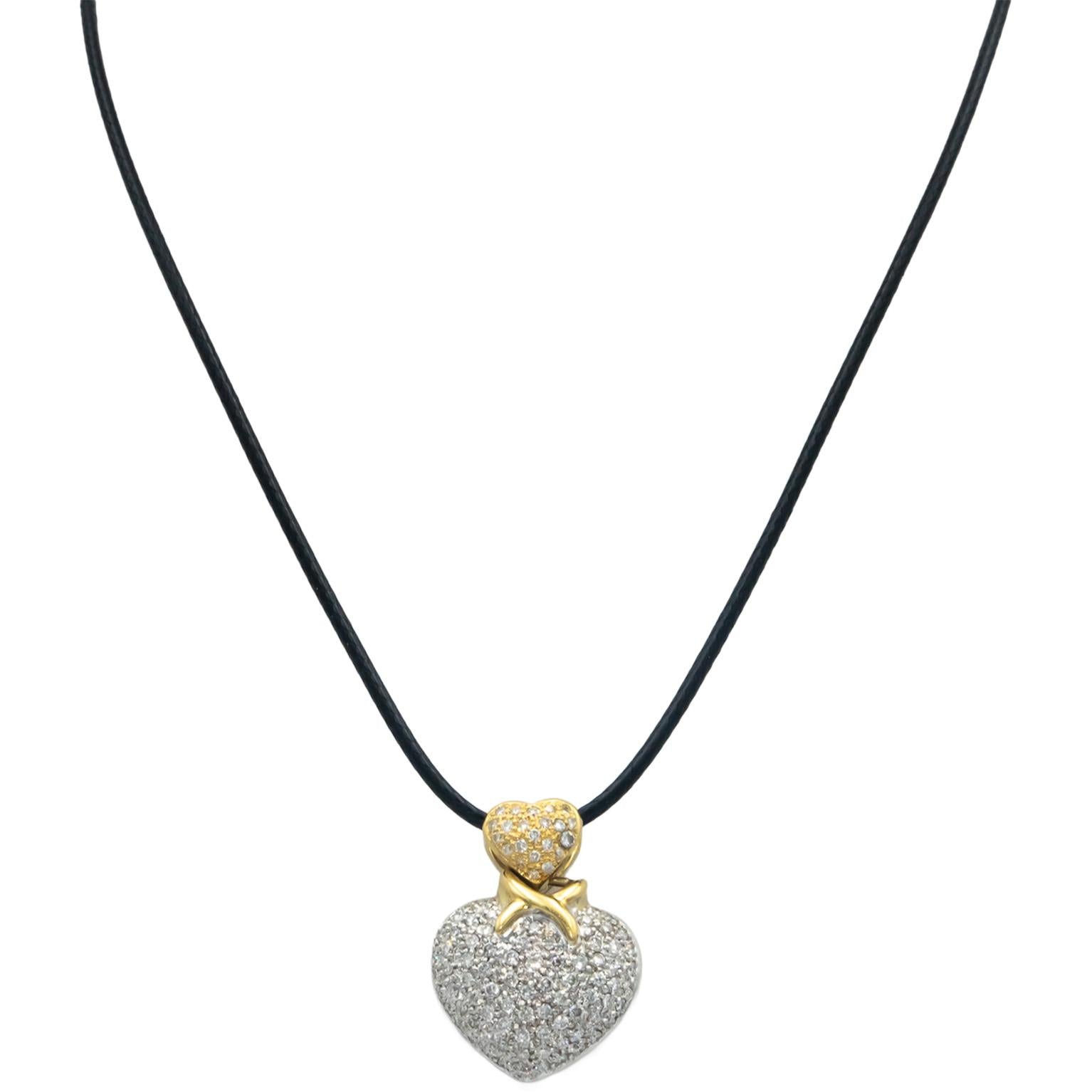 18k Yellow White Gold 1.0CT Diamond Cluster Puffy Heart Pendant Necklace