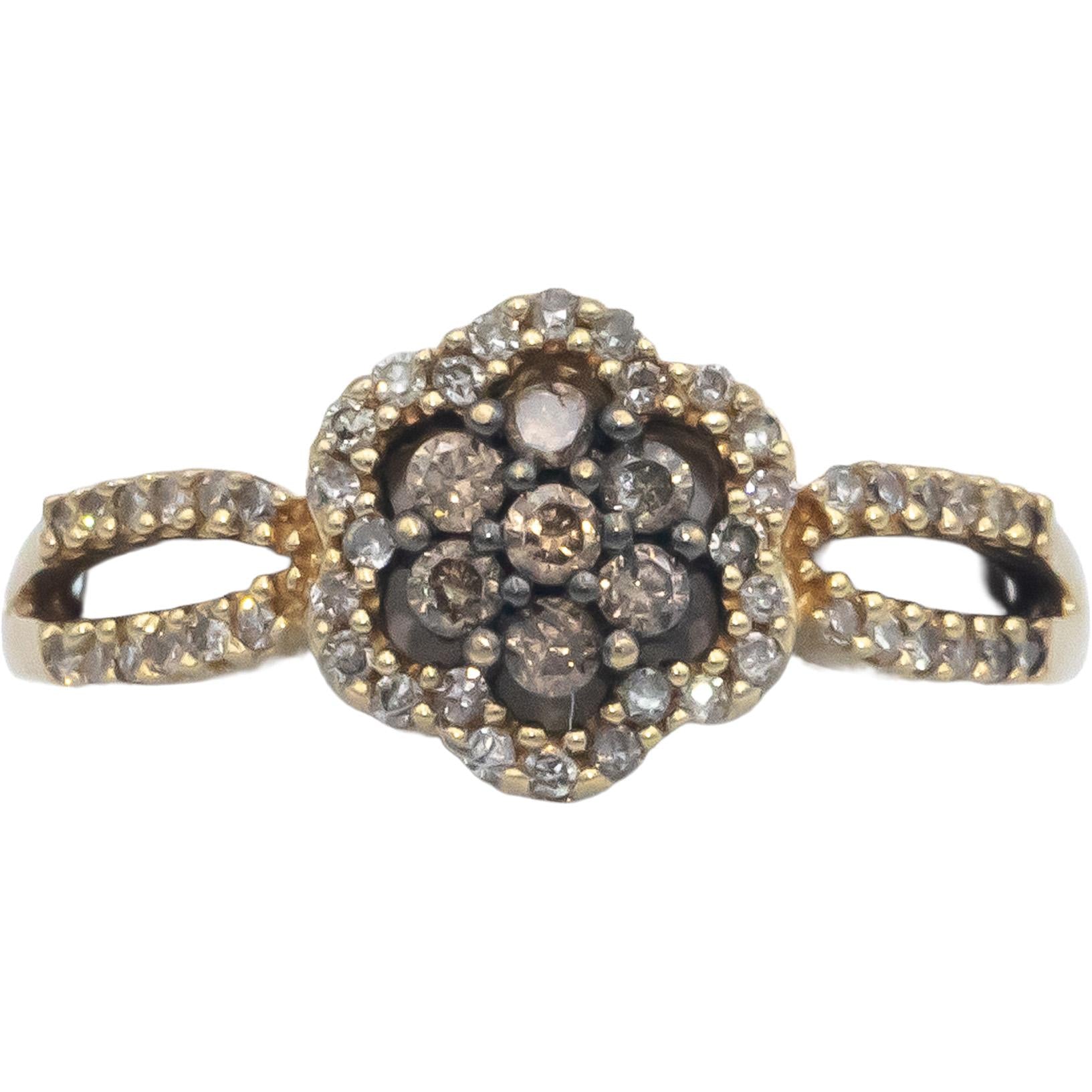 14k Yellow Gold 0.30CT White and Brown Diamond Flower Ring Size 7
