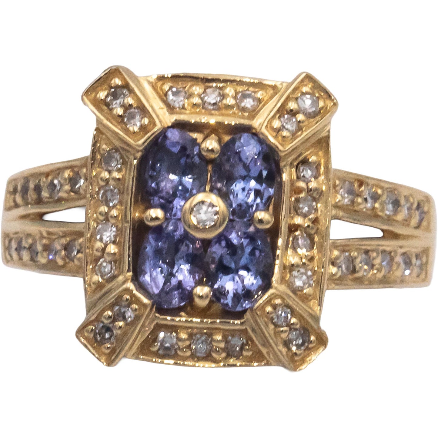 14k Yellow Gold 0.60CT VS Diamond and Tanzanite Cluster Cocktail Ring Size 7