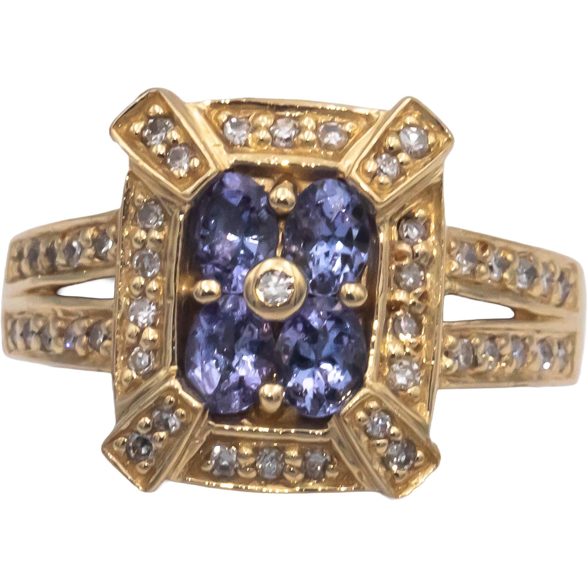 14k Yellow Gold 0.60CT VS Diamond and Tanzanite Cluster Cocktail Ring Size 7