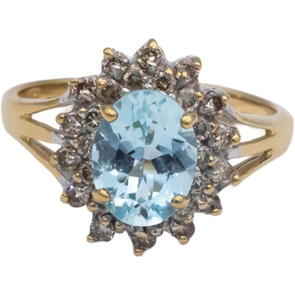 14k Yellow & White Gold 1.83CT Diamond and Aquamarine Halo Ring Size 7