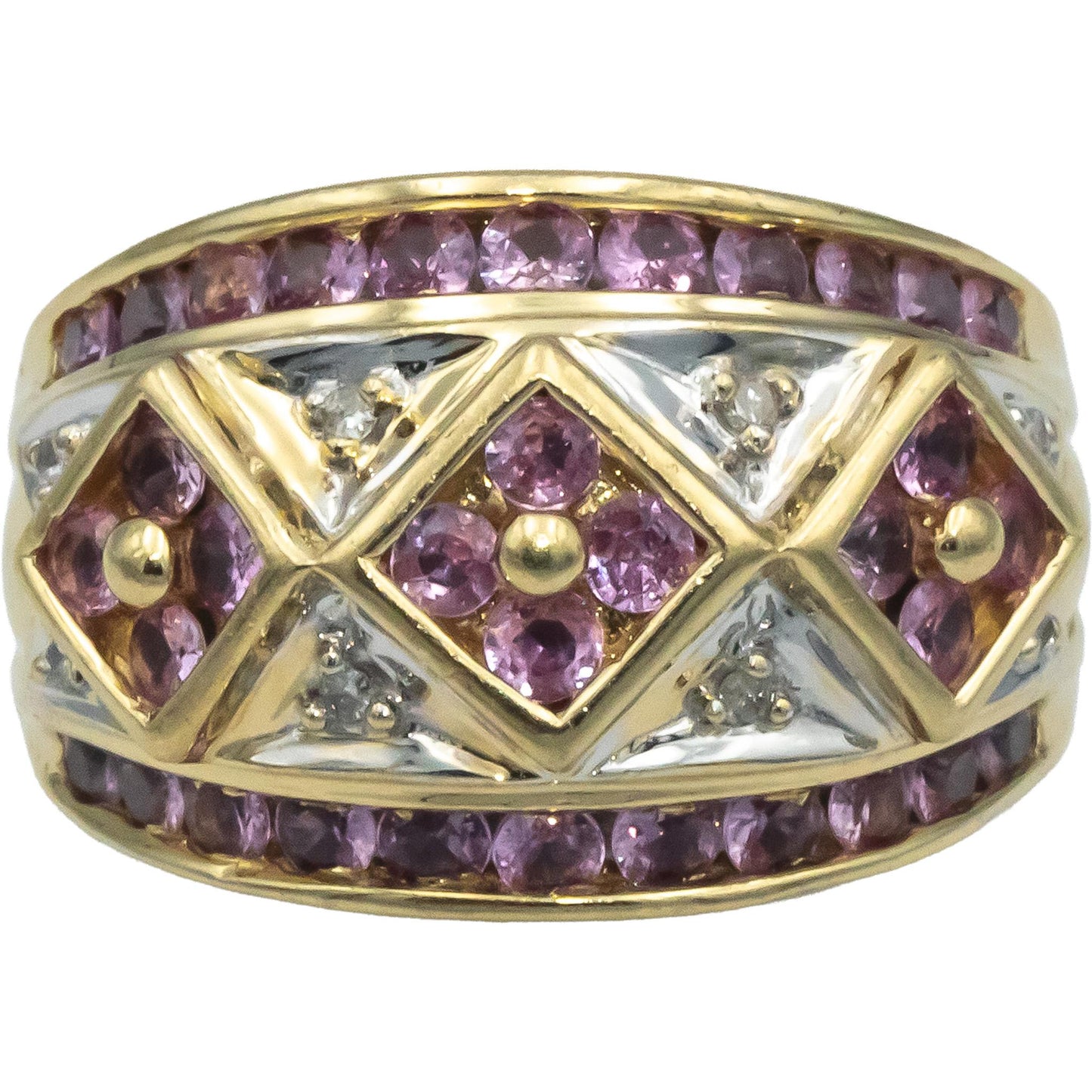 14k Yellow Gold 1.60CT Diamond and Pink Sapphire Wide Band Ring Size 7.25