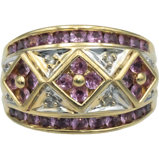 14k Yellow Gold 1.60CT Diamond and Pink Sapphire Wide Band Ring Size 7.25