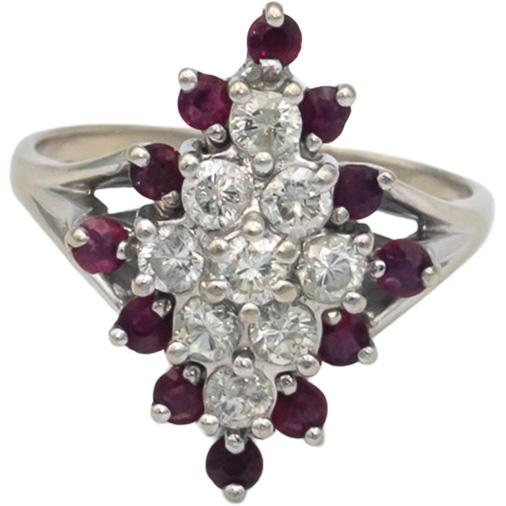 14k White Gold 1.50CT Diamond and Ruby Cluster Cocktail Ring Size 9.5