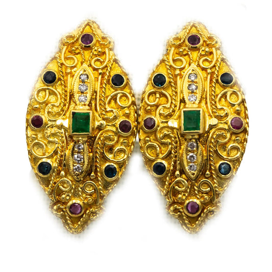 18k Yellow Gold Diamond Ruby Emerald Sapphire Earrings 1.20CT