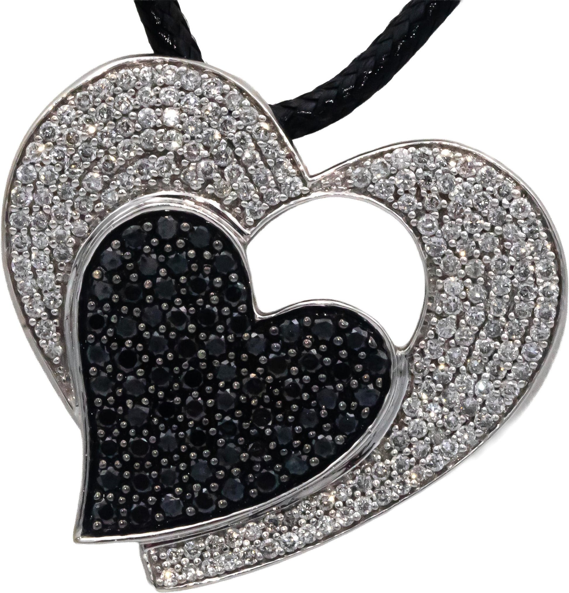 14k White Gold White and Black Diamond Cluster Heart Pendant Necklace 1.90CT