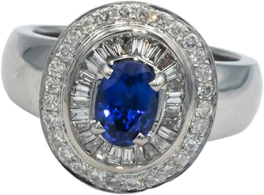 18k White Gold 1.25CT Diamond and Blue Sapphire Halo Ring Size 6.5