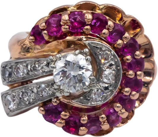 Vintage Antique Retro 14k Rose Gold 1.30CT Diamond and Ruby Ring w/ .55CT Center