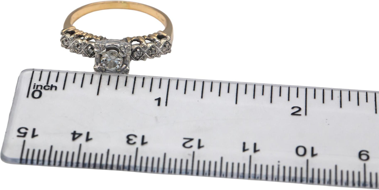 Antique Vintage 14k White & Yellow Gold Round Cut Diamond Ring 0.25CT Size 8.25