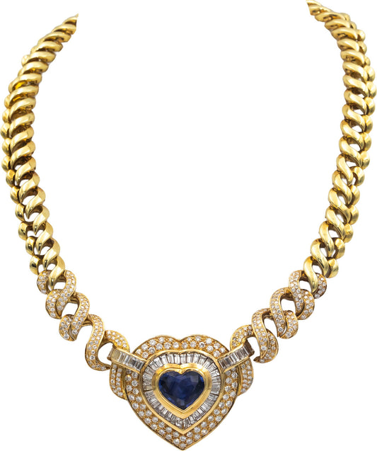 GIA Certified Diamond & Heated Heart Sapphire 18k Gold Formal Necklace 17.75CT