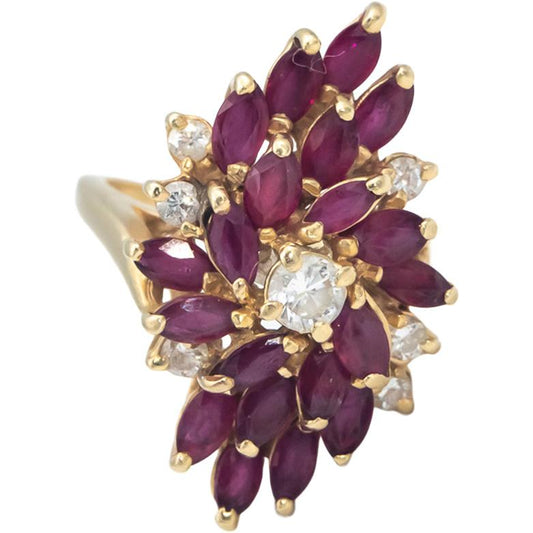 14k Yellow Gold 1.50CT Round Diamond & Marquise Ruby Cluster Ring Size 5.25
