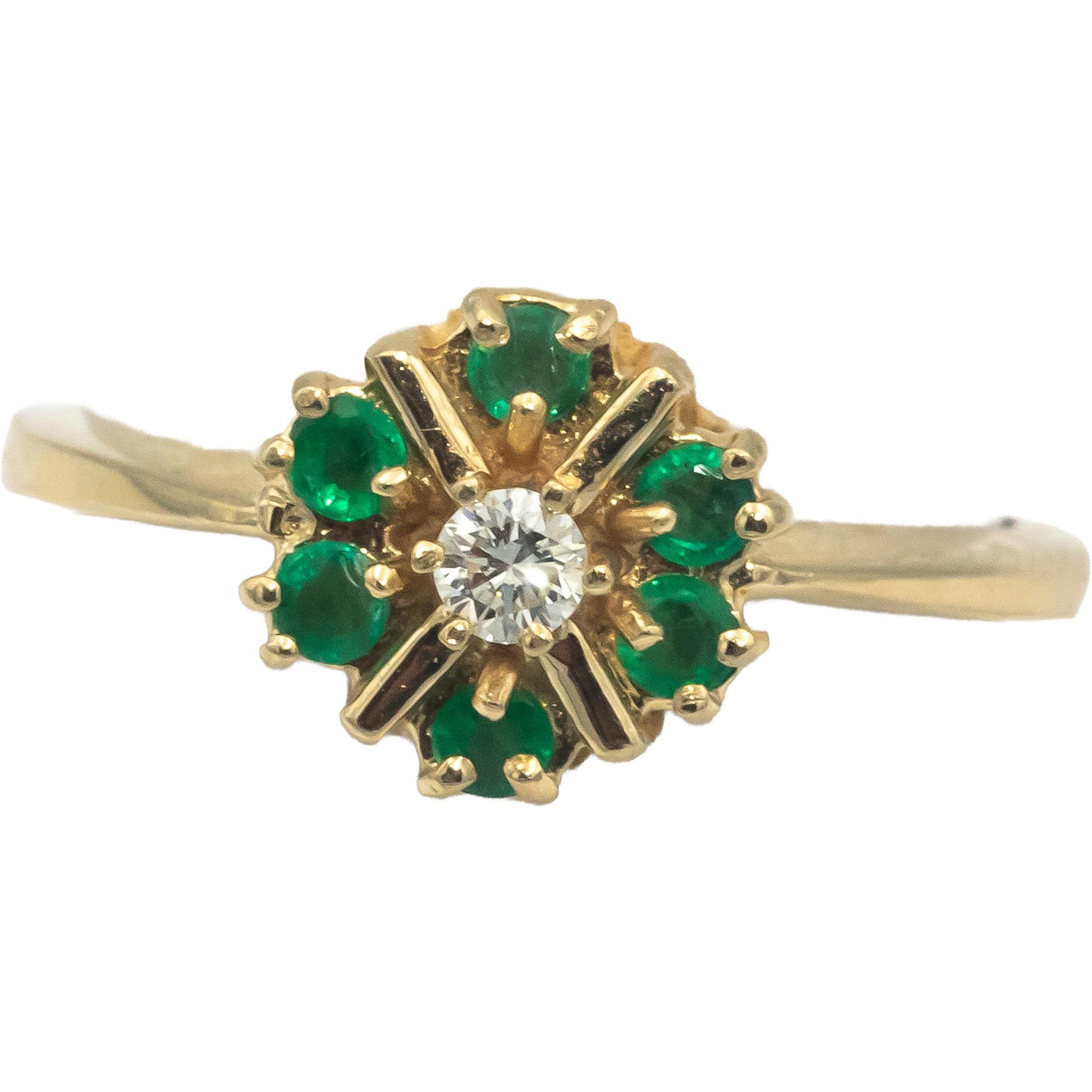 14k Yellow Gold Round Diamond and Emerald Ring 0.30CT Size 6.75