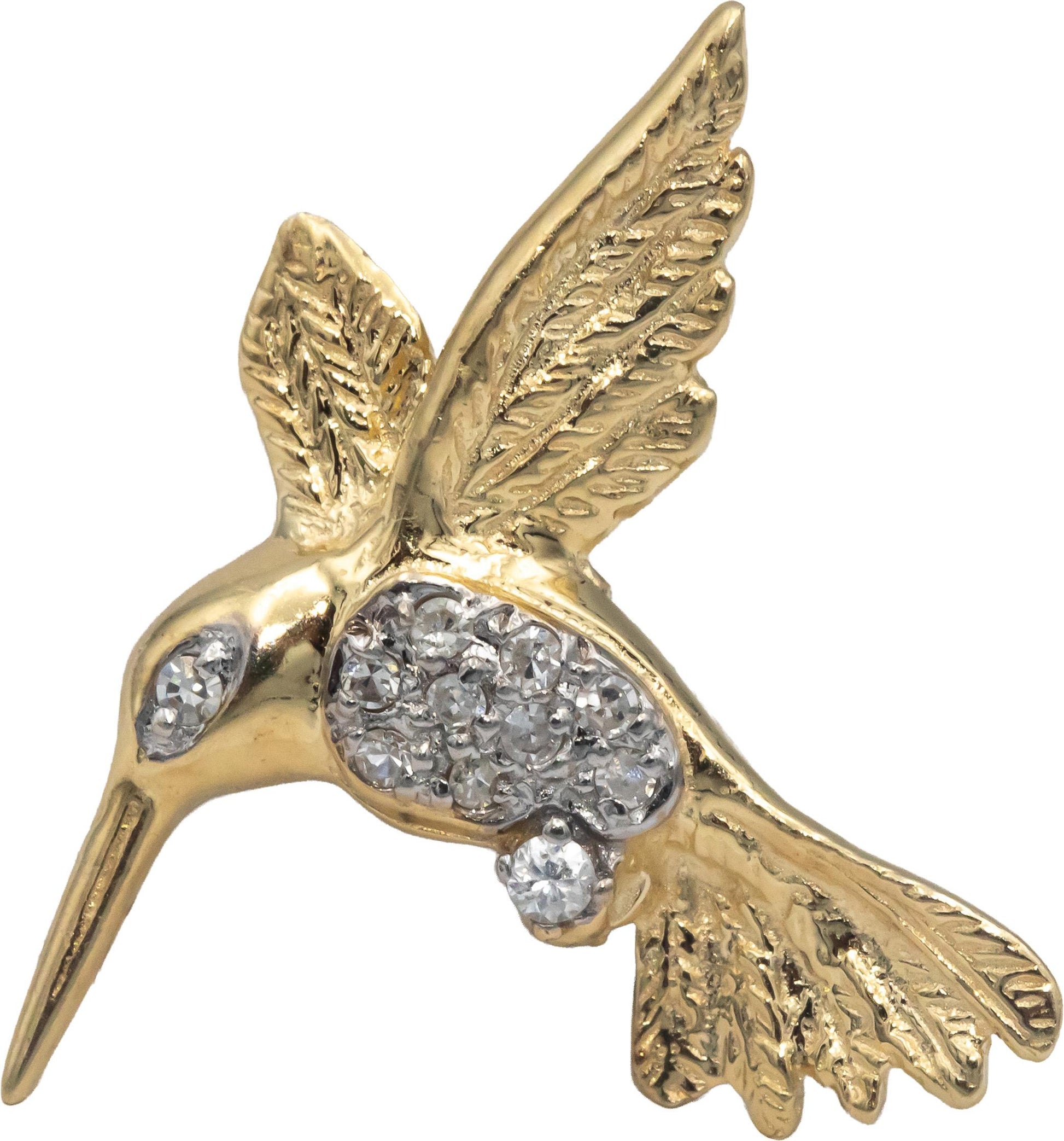 14k Yellow Gold 0.10CT Round Cut Diamond Hummingbird Brooch Pin