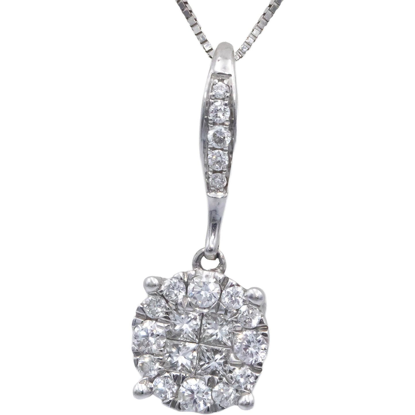 18k White Gold VS Princess and Round Cut Diamond Cluster Pendant Necklace 0.50CT