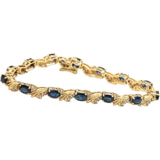 14k Yellow Gold Round Diamond and Oval Sapphire Fancy Link Bracelet 8.0CT