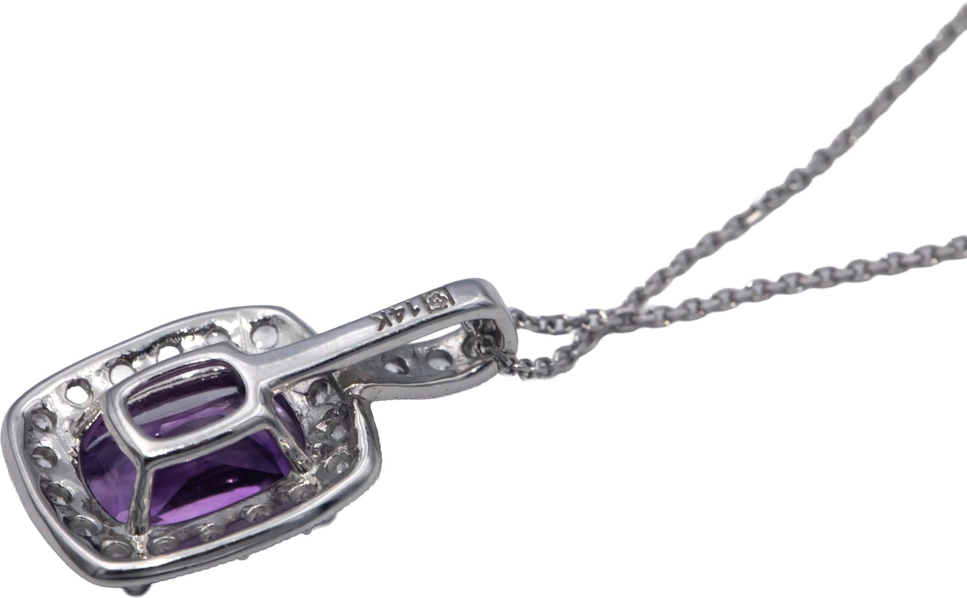 14k White Gold 2.35CT Amethyst and White Topaz Halo Pendant Necklace Chain
