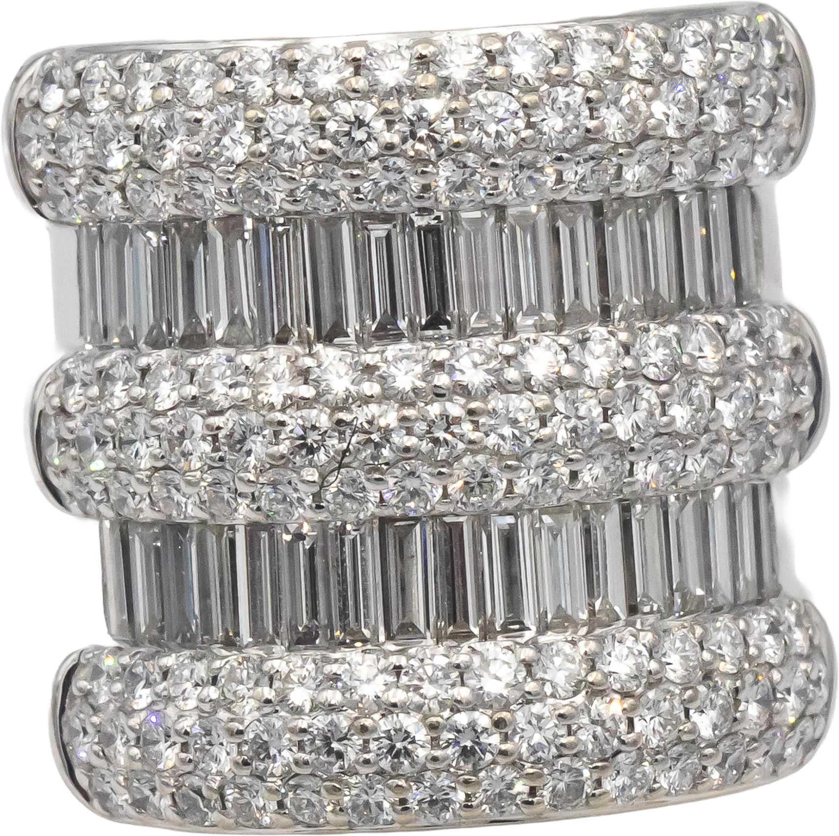 Diamond 18k White Gold Round Baguette Cluster 5 Row Wide Band Ring 5.0CT Size 7