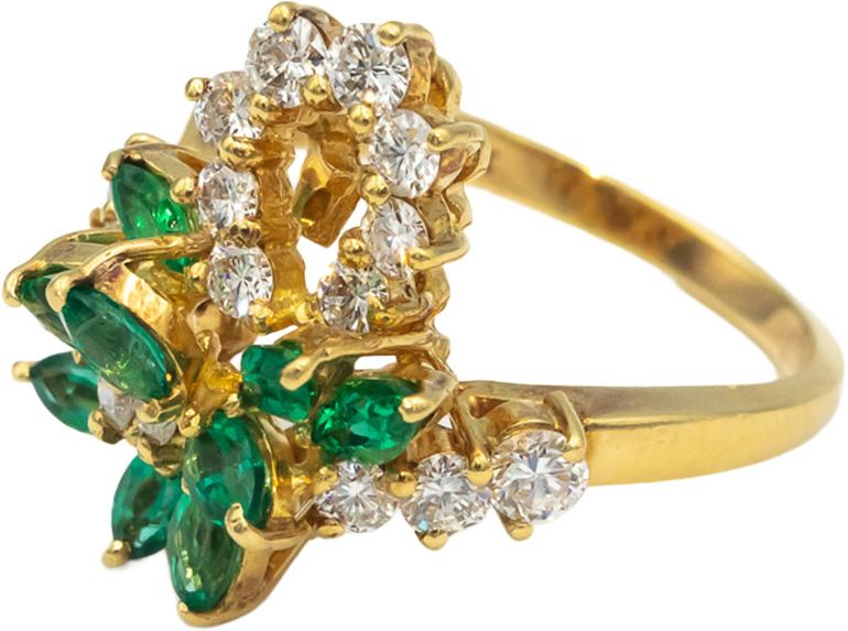 18k Yellow Gold VS Diamond and emerald Cluster Cocktail Ring 2.0CT Size 7