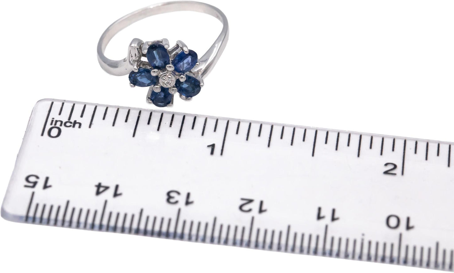 14k White Gold Oval and Round Sapphire and Diamond Flower Ring 1.26CT Size 8.5